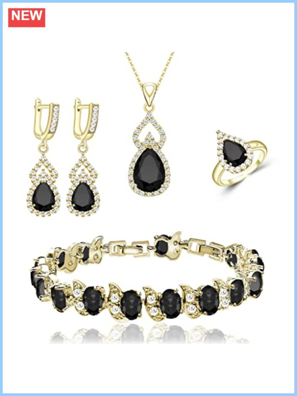 18k Yellow Gold Plated Jewelry Set Necklace Earrings Bracelet Adjustable Ring